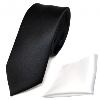 schmale TigerTie Krawatte schwarz + Einstecktuch weiß schneeweiß uni - Binder