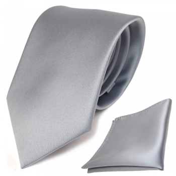 schöne TigerTie Krawatte + Einstecktuch in grau hellgrau silber uni - Binder Tie