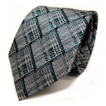 Designer Seidenkrawatte türkis grau silber schwarz kariert - Krawatte Seide