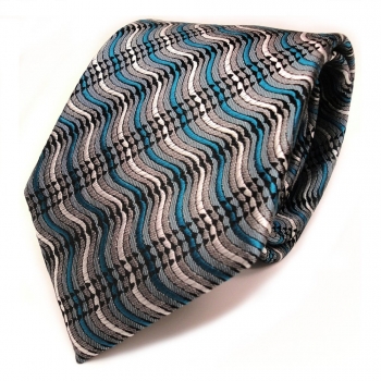 Designer Seidenkrawatte türkis grau silber schwarz gestreift - Krawatte Seide