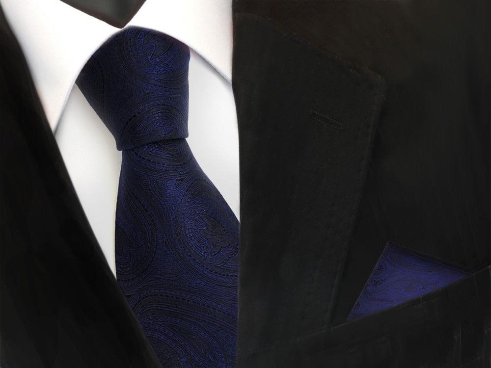 TigerTie Designer Krawatte + Einstecktuch - Paisley dunkelblau marin TigerTie schwarz blau