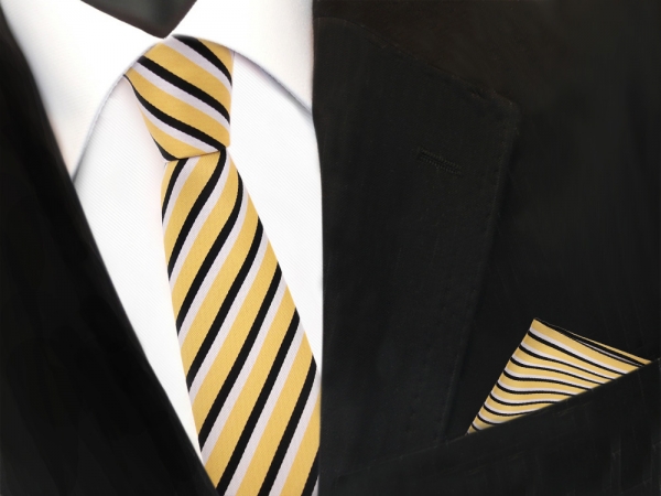 schmale TigerTie Designer Krawatte + Einstecktuch in gold schwarz weiß gestreift