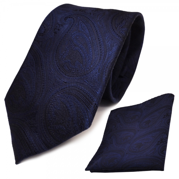 TigerTie Designer Krawatte + Einstecktuch dunkelblau - TigerTie schwarz blau marin Paisley