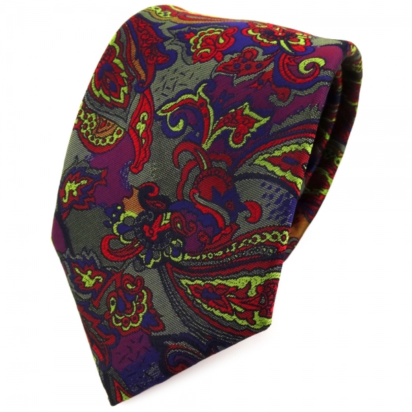 TigerTie Designer Krawatte violett olive rot blau mehrfarbig Paisley gemustert