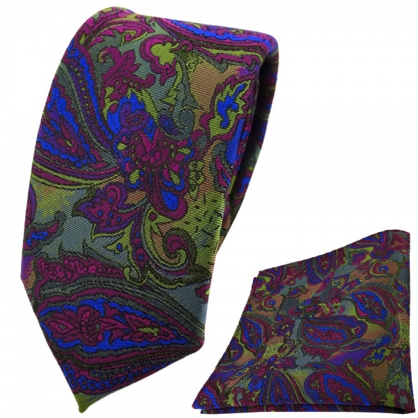 schmale TigerTie Krawatte +Einstecktuch violett blau olivegrün Paisley gemustert