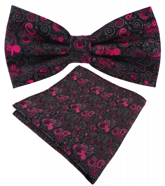 TigerTie Seidenfliege + Einstecktuch magenta anthrazit schwarz Paisley gemustert