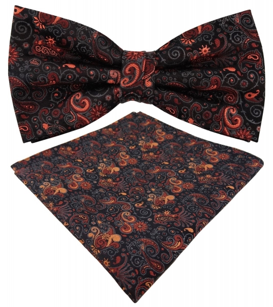 Seidenfliege + Einstecktuch in orange bronze schwarz paisley - 100% reine Seide