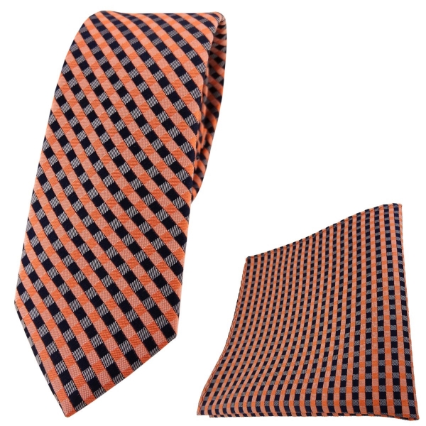 schmale TigerTie Seidenkrawatte + Seideneinstecktuch orange royal grau kariert