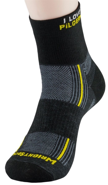 WrightSock Laufsocke -anti-blasen-system schwarz-gelb  - I Love Pilgern - Gr.XL