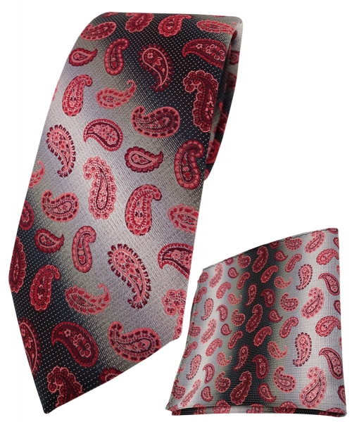 TigerTie Krawatte + Einstecktuch weinrot anthrazit grausilber Paisley gemustert