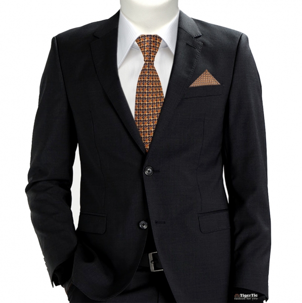 TigerTie Krawatte + Einstecktuch in orange silber marine gemustert