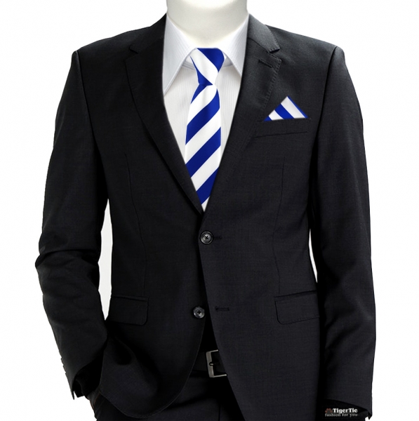 schmale TigerTie Krawatte + TigerTie Einstecktuch in royal weiss gestreift