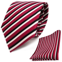TigerTie Krawatte + Einstecktuch in rot schwarz weiss gestreift - 100% Polyester