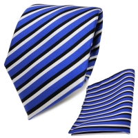TigerTie Krawatte + Einstecktuch in blau ultramarin schwarz weiss gestreift