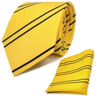 TigerTie Designer Krawatte + Einstecktuch gelb goldgelb dunkelblau gestreift