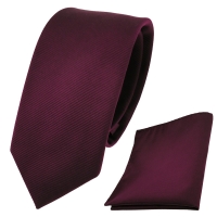 schmale Designer TigerTie Krawatte + Einstecktuch rot weinrot Uni Rips - Binder