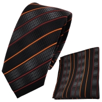 schmale TigerTie Krawatte + Einstecktuch in orange schwarz anthrazit gestreift