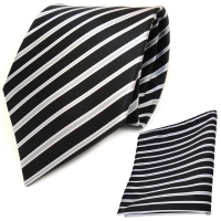 TigerTie Designer Krawatte + Einstecktuch schwarz grau silber gestreift