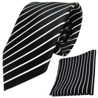 schöne TigerTie Designer Krawatte + Einstecktuch schwarz weiß silber gestreift