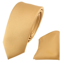 schmale TigerTie Satin Krawatte + Einstecktuch gold Uni - Schlips Binder