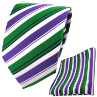 TigerTie Krawatte + Einstecktuch lila grün schwarz weiß gestreift
