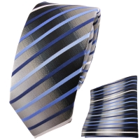 schmale TigerTie Krawatte + Einstecktuch blau hellblau grau weiß gestreift