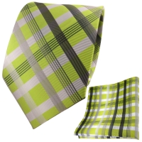 TigerTie Krawatte + Einstecktuch grün silber grau anthrazit kariert