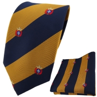 TigerTie Designer Krawatte + Einstecktuch gold dunkelblau gestreift mit Wappen