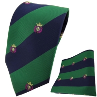TigerTie Designer Krawatte + Einstecktuch grün dunkelblau gestreift mit Wappen