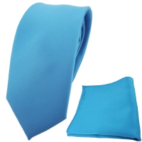 schmale TigerTie Krawatte + Einstecktuch türkis türkisblau wasserblau einfarbig
