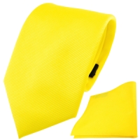 TigerTie Designer Krawatte + Einstecktuch gelb leuchtgelb neongelb Uni Rips