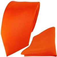 TigerTie Satin Seidenkrawatte + Seideneinstecktuch in orange einfarbig Uni