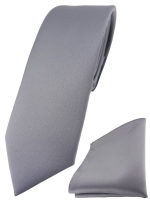 schmale TigerTie Designer Krawatte + Einstecktuch in silbergrau einfarbig uni