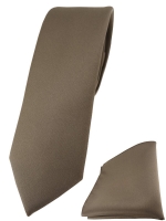 schmale TigerTie Designer Krawatte + Einstecktuch in graubraun einfarbig uni