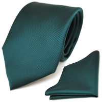 TigerTie Krawatte + Einstecktuch in grün dunkelgrün uni fein Rips