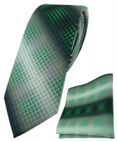 schmale TigerTie Krawatte + Einstecktuch grün silber grau schwarz kariert