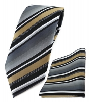 TigerTie Krawatte + Einstecktuch in gold silber grau weiss schwarz gestreift