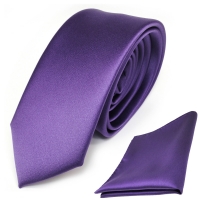 schmale TigerTie Schlips Krawatte + Einstecktuch in lila violett uni einfarbig