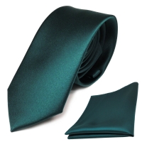 schmale TigerTie Schlips Krawatte + Einstecktuch in grün petrol uni - Binder